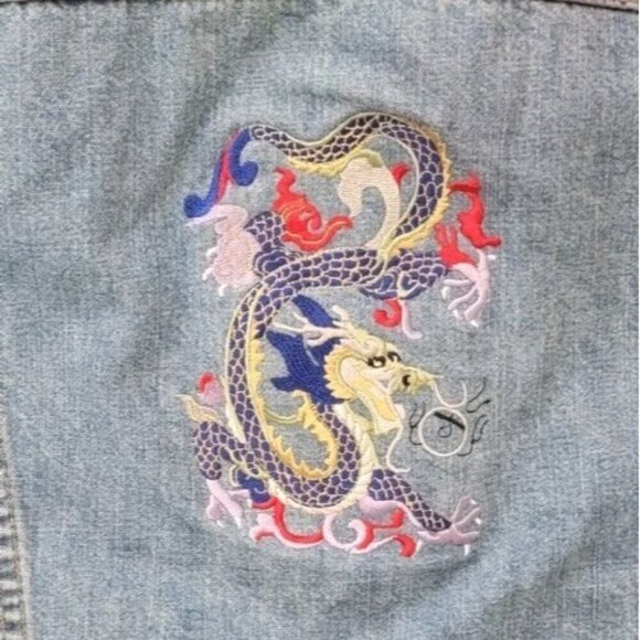 Vintage Levis Trucker Jacket Large Jeans Size 12 Set Denim Embroidered Dragon - Picture 10 of 16
